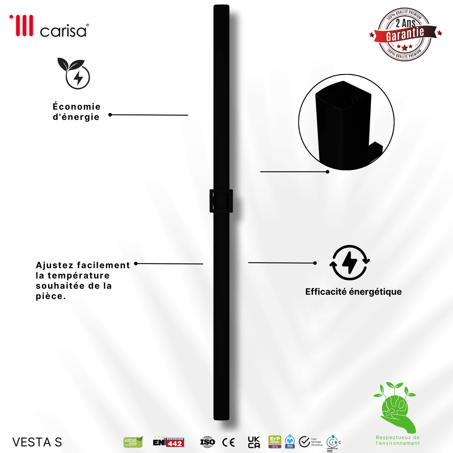 Carisa Vesta Single Sèche-Serviette Électrique Design Moderne Noir