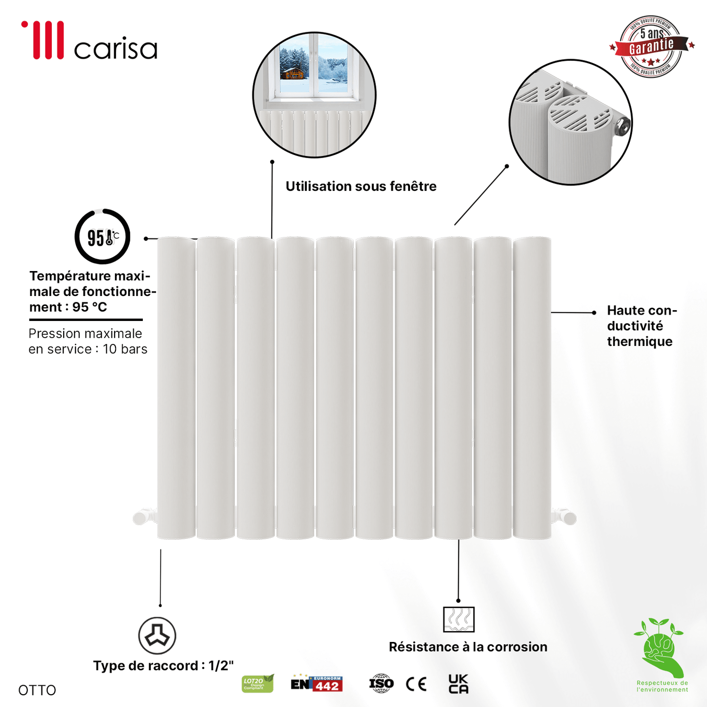 Carisa Otto Radiateur en Aluminium Horizontal Design Moderne Blanc