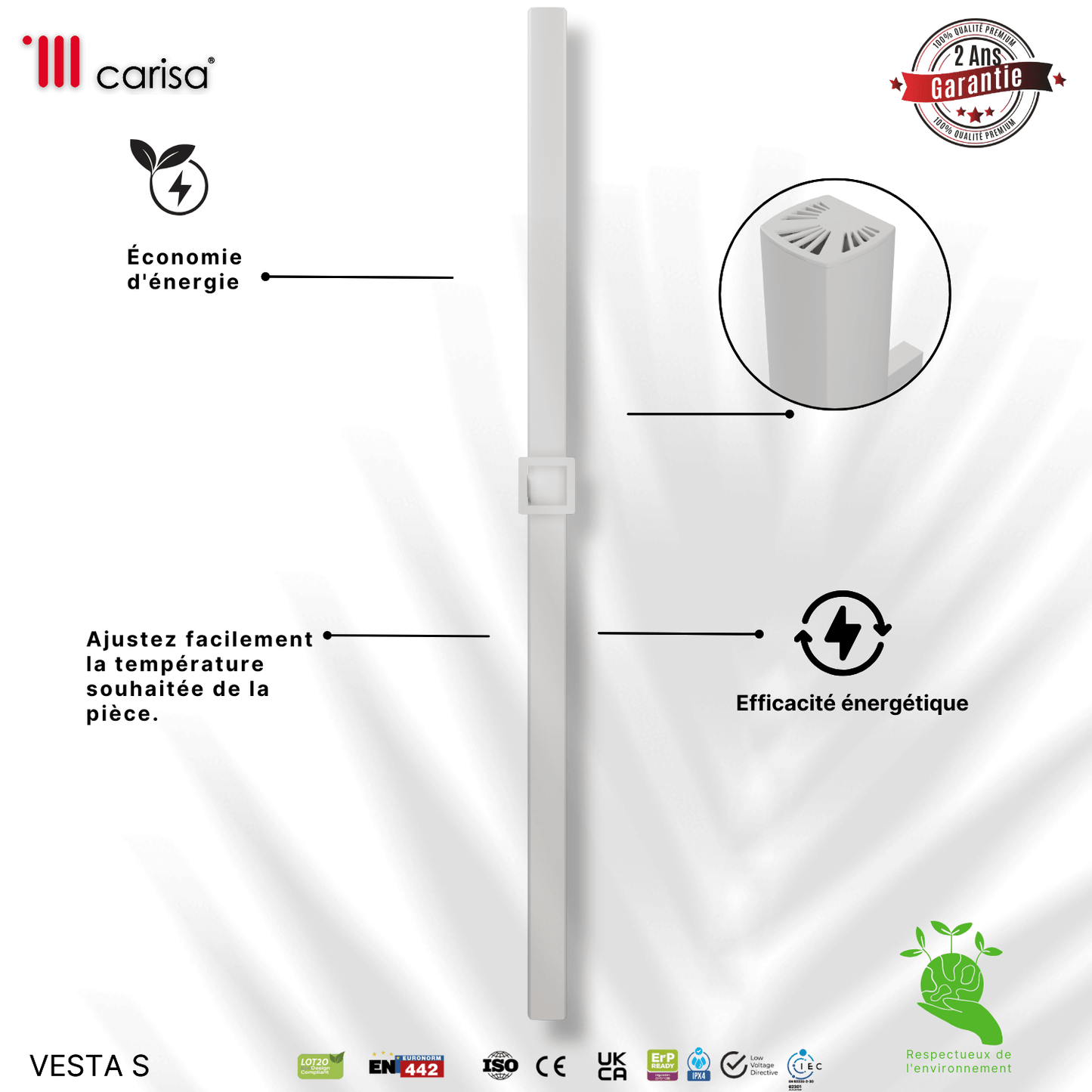 Carisa Vesta Single Sèche-Serviette Électrique Design Moderne Blanc