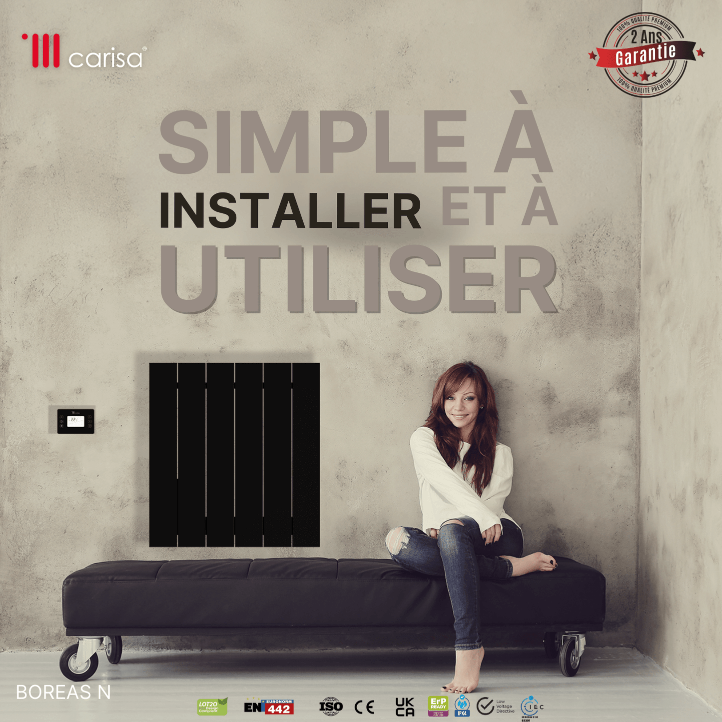 Carisa Boreas N Radiateur Électrique Horizontal Design Moderne Noir