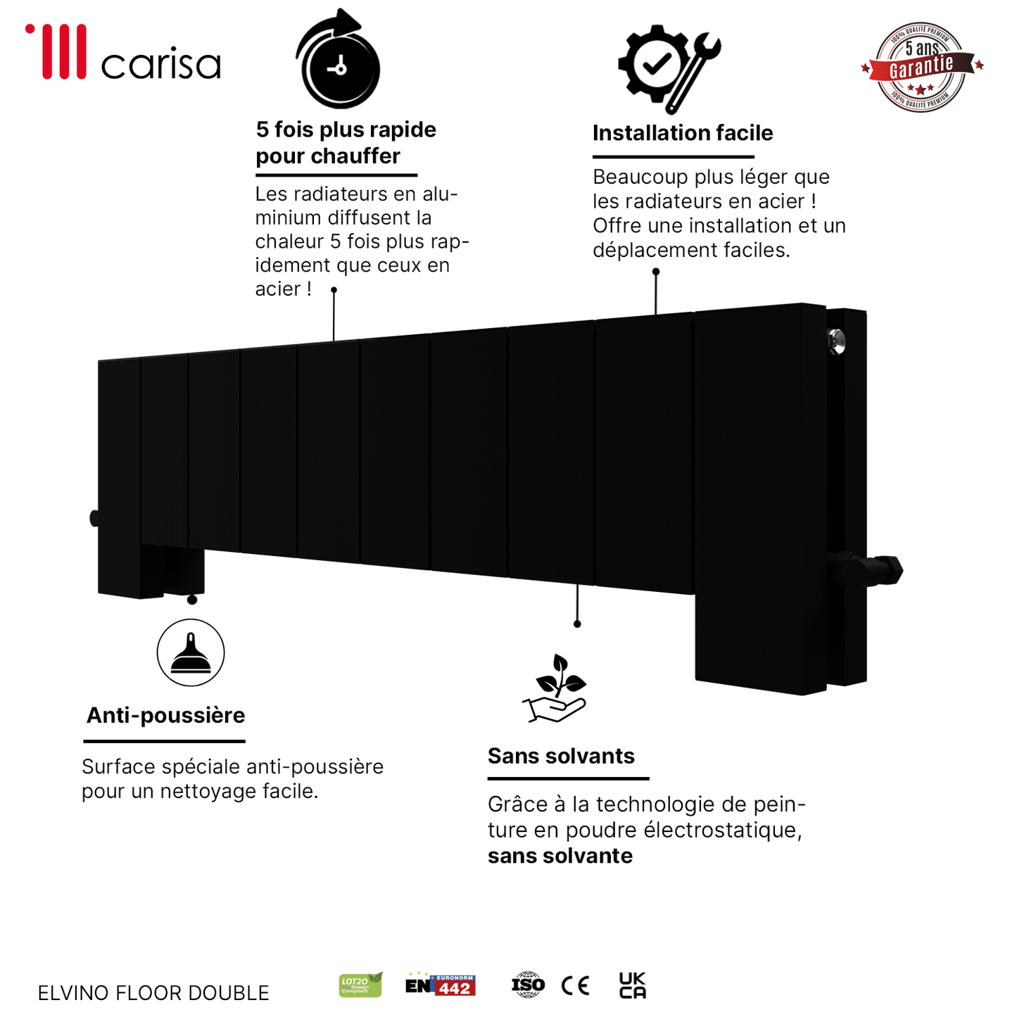 Carisa Elvino Floor Radiateur en Aluminium Horizontal Design Moderne Noir