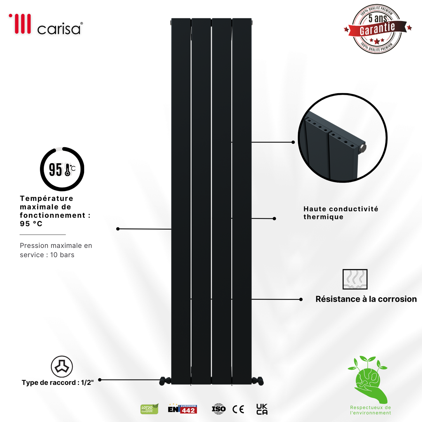 Carisa Angers Radiateur en Aluminium Vertical Design Moderne Gris Clair