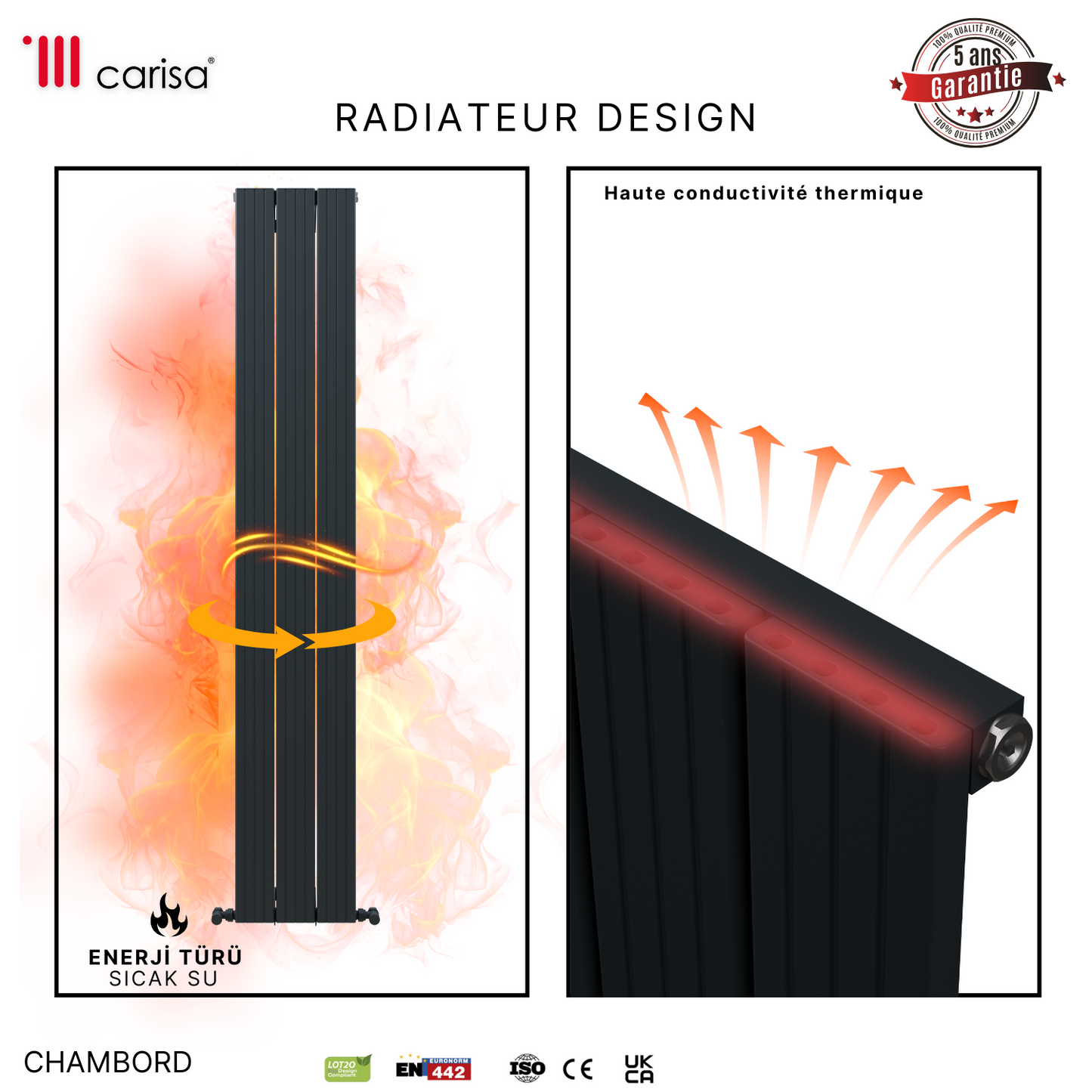 Carisa Chambord Radiateur en Aluminium Vertical Design Moderne Noir