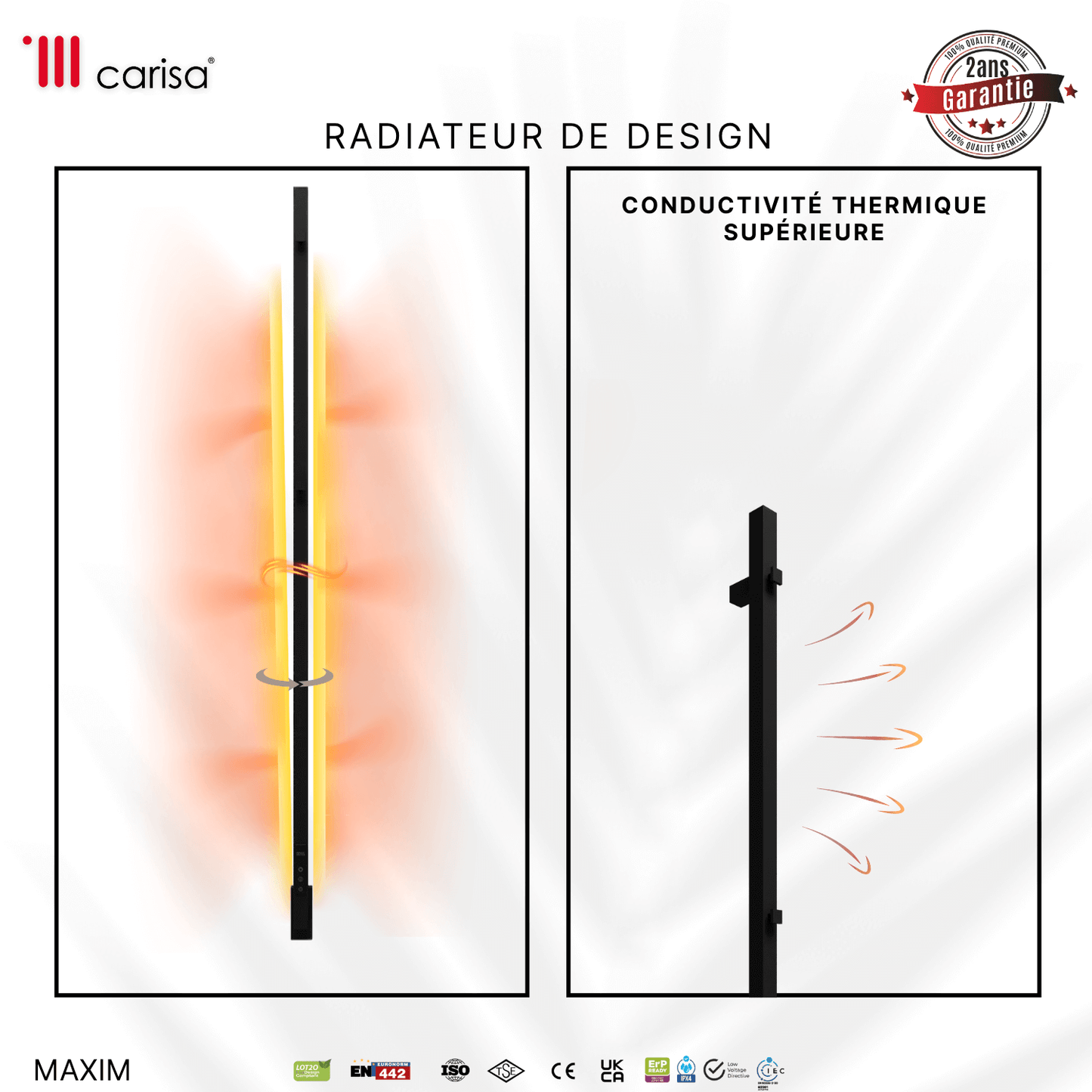 sèche-serviettes Carisa Maxim électrique inox noir mat, radiateur design à conductivité thermique supérieure, garantie 2 ans
