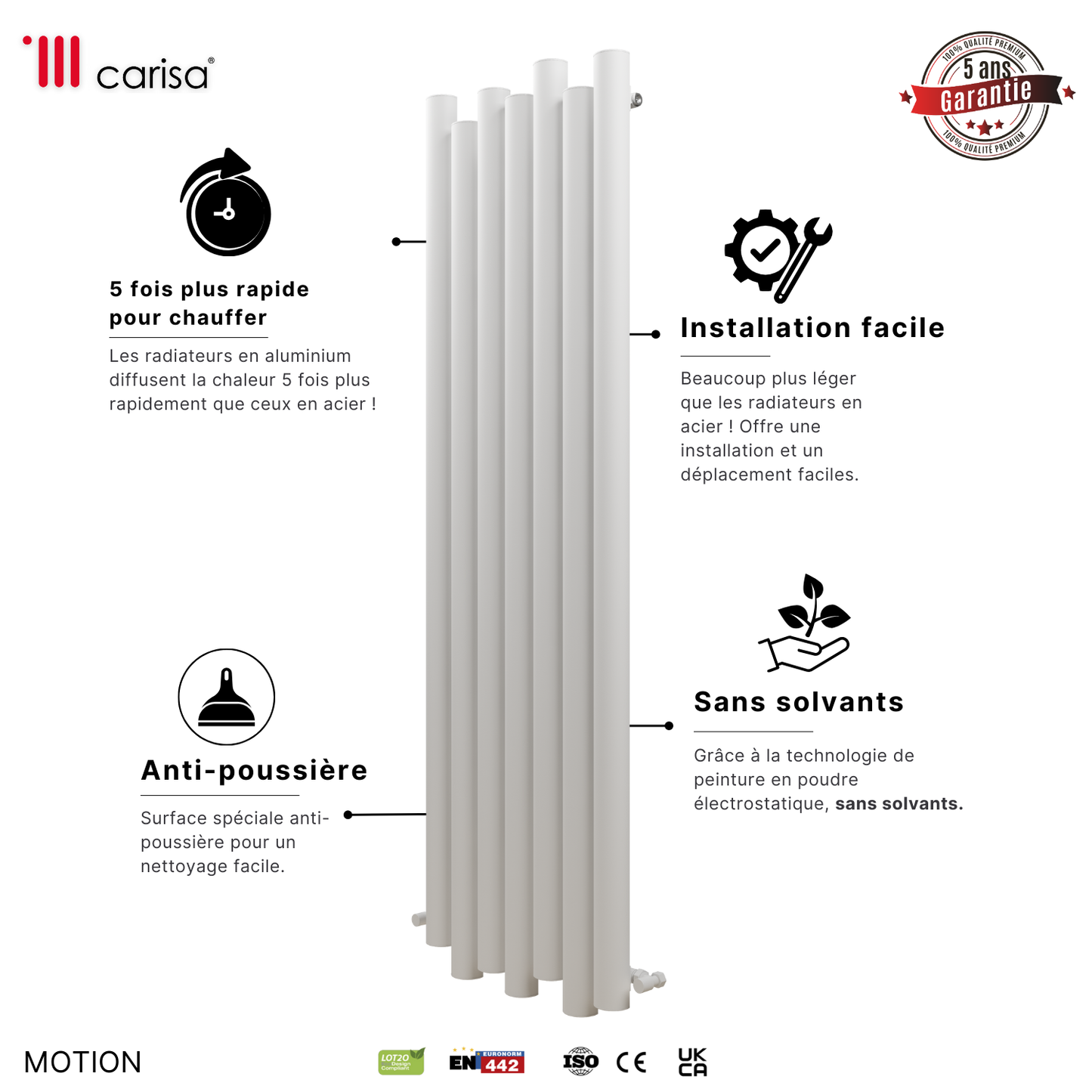Carisa Motion Radiateur en Aluminium Vertical Design Moderne Blanc