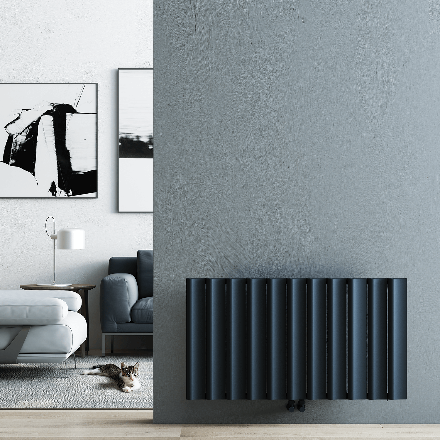 Radiateur gris anthracite dans un intérieur moderne et élégant avec décoration contemporaine