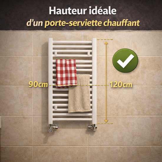 Sèche-serviette installé à la bonne hauteur dans une salle de bain moderne pour un confort thermique et une utilisation pratique