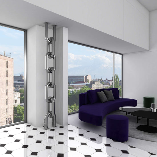 Radiateur design dans un salon moderne pour un chauffage homogène, élégant et économe en énergie