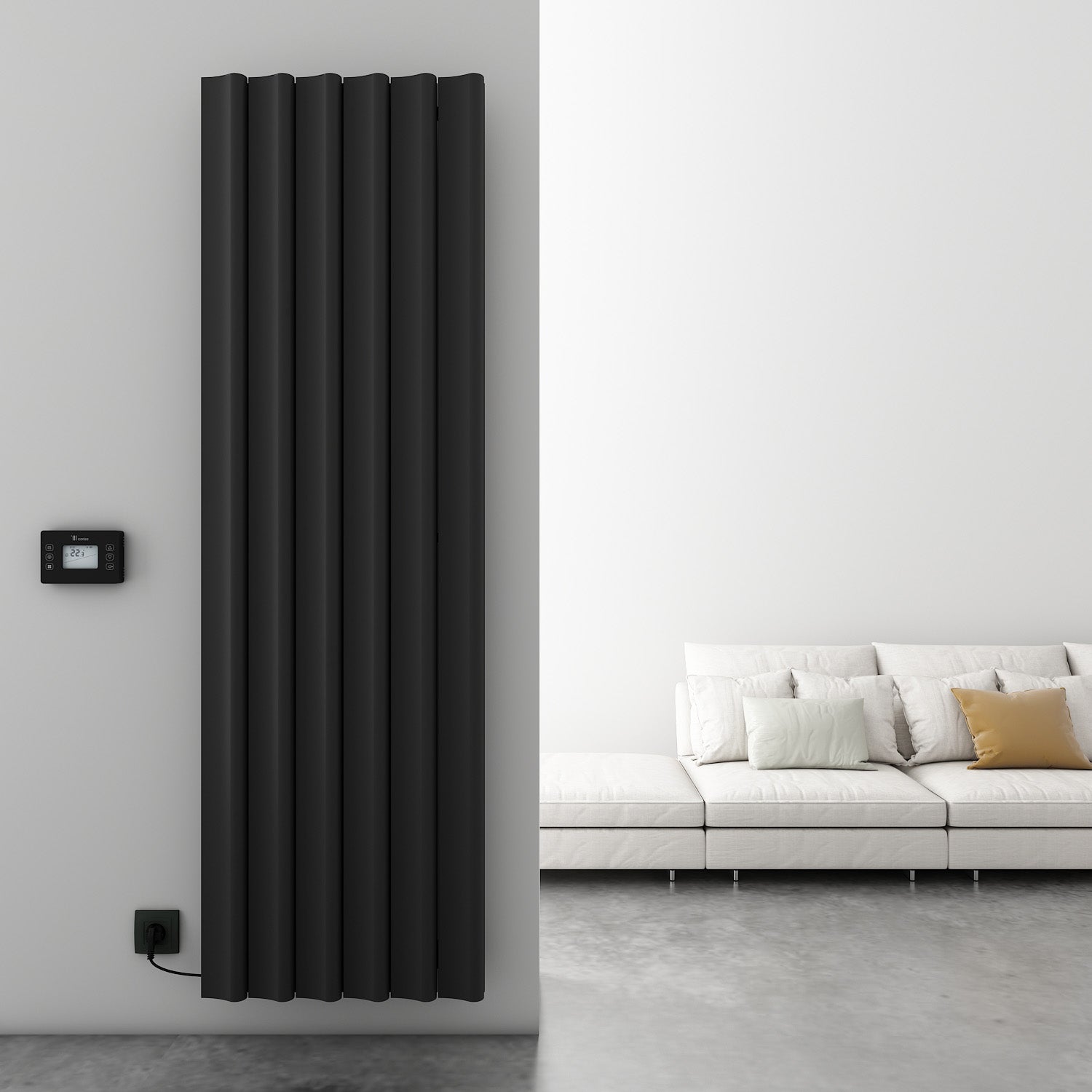 Radiateur vertical design dans une entrée moderne pour un chauffage élégant et un gain de place