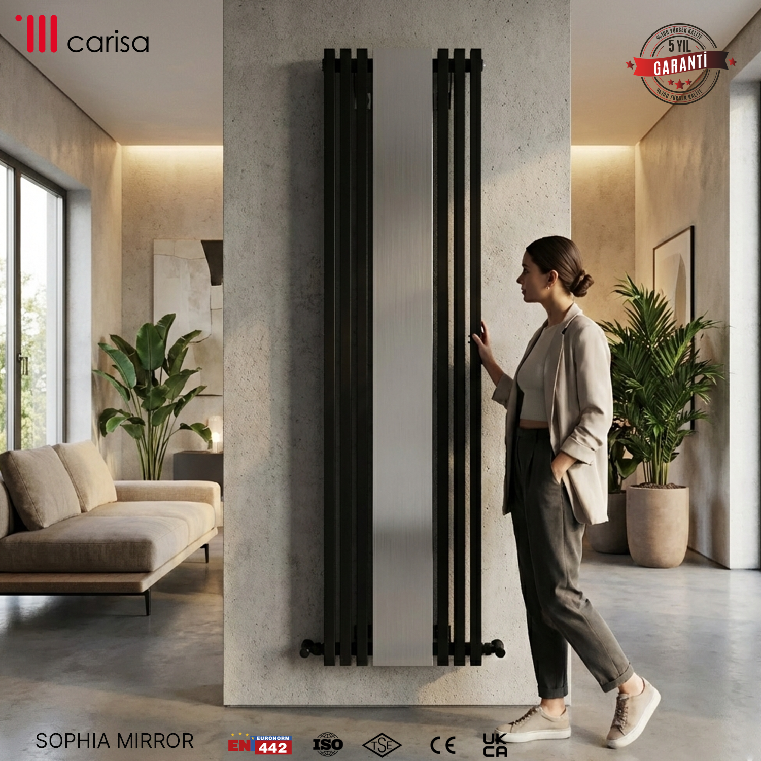 Radiateur vertical design dans un petit intérieur moderne pour un chauffage élégant et un gain de place