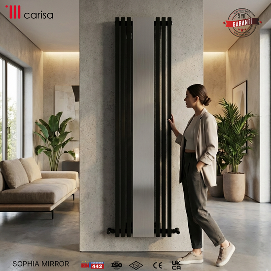 Radiateur vertical design dans un petit intérieur moderne pour un chauffage élégant et un gain de place