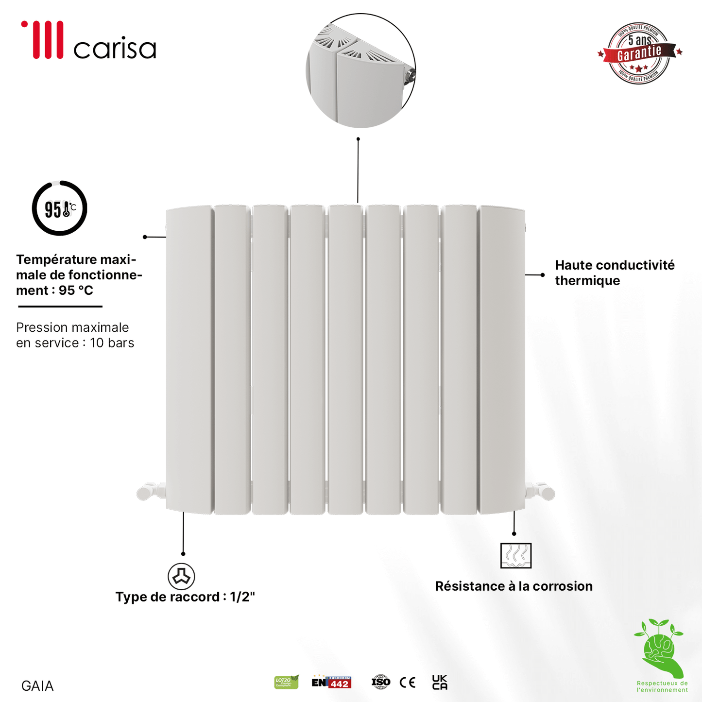 Carisa Gaia Radiateur en Aluminium Horizontal Design Moderne Blanc