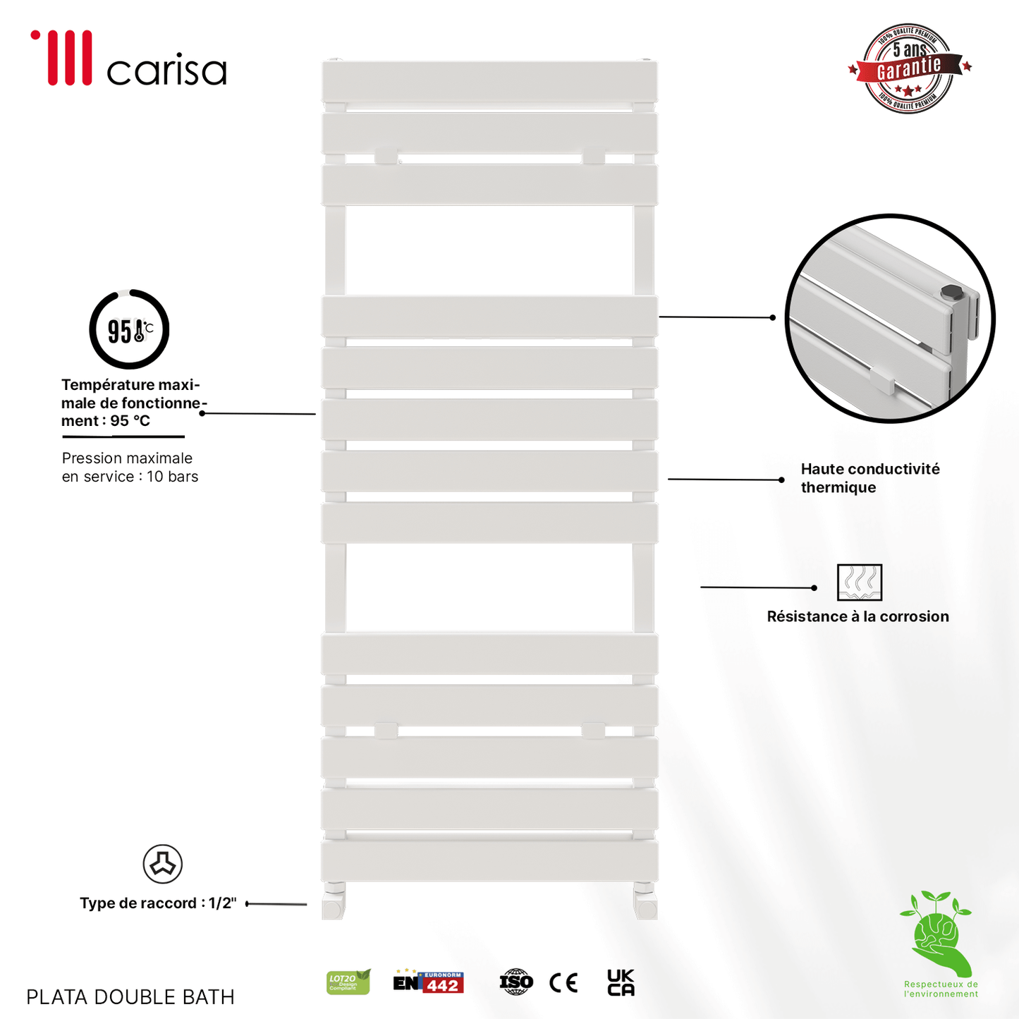 Carisa Plata Double Bath Sèche-Serviettes en Aluminium Design Moderne Blanc