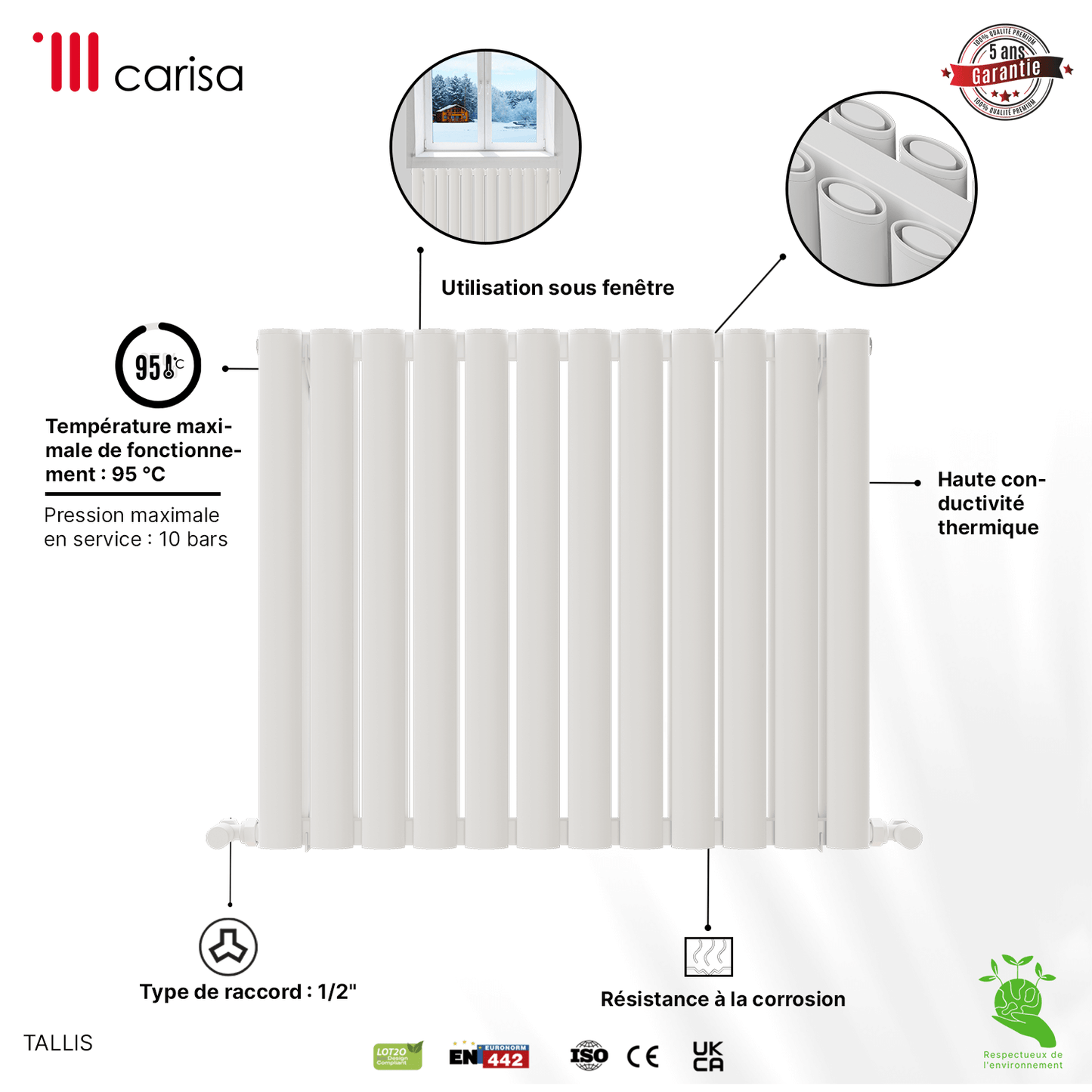Carisa Tallis Radiateur en Aluminium Horizontal Design Moderne Blanc