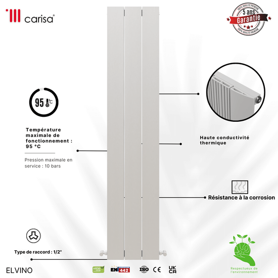 Carisa Elvino Radiateur en Aluminium Vertical Design Moderne Blanc
