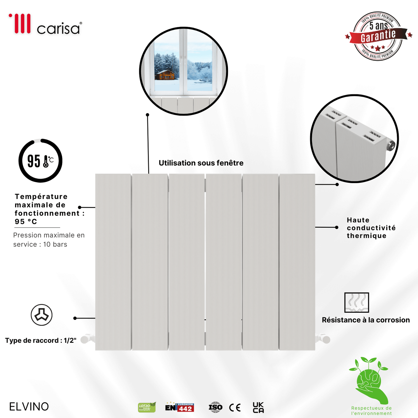 Carisa Elvino Radiateur en Aluminium Horizontal Design Moderne Blanc