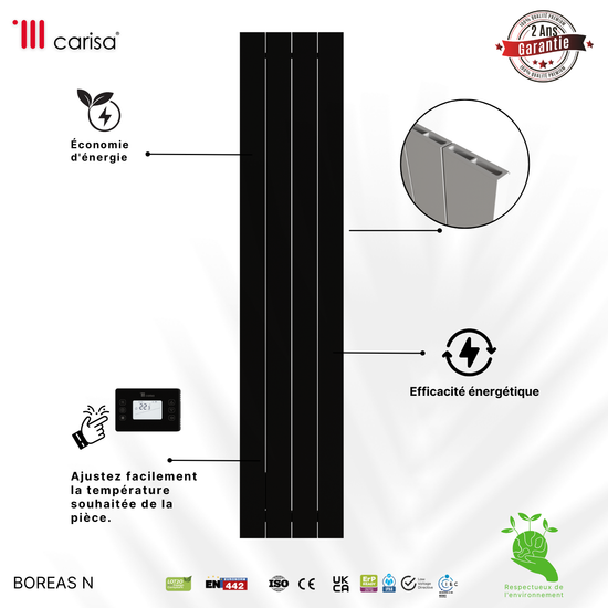 Carisa Boreas N Radiateur Électrique Vertical Design Moderne Noir