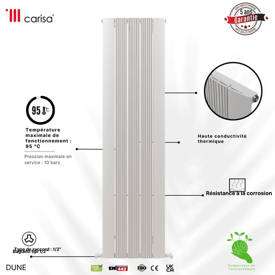 Carisa Dune Radiateur en Aluminium Vertical Design Moderne Blanc