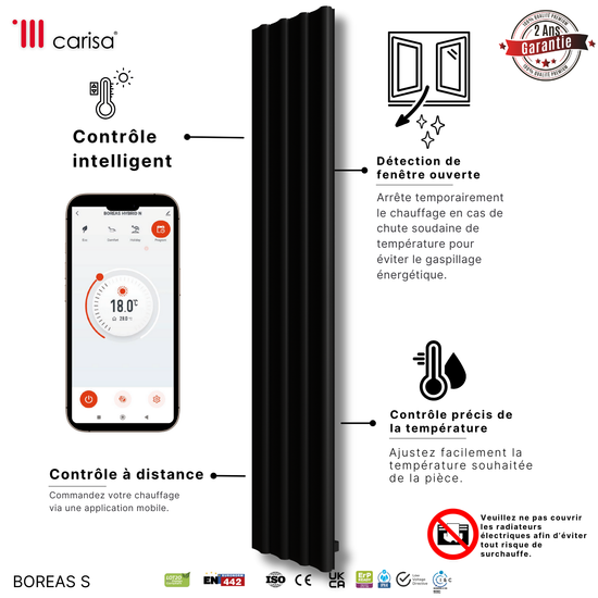 Carisa Boreas S Radiateur Électrique Vertical Design Moderne Noir