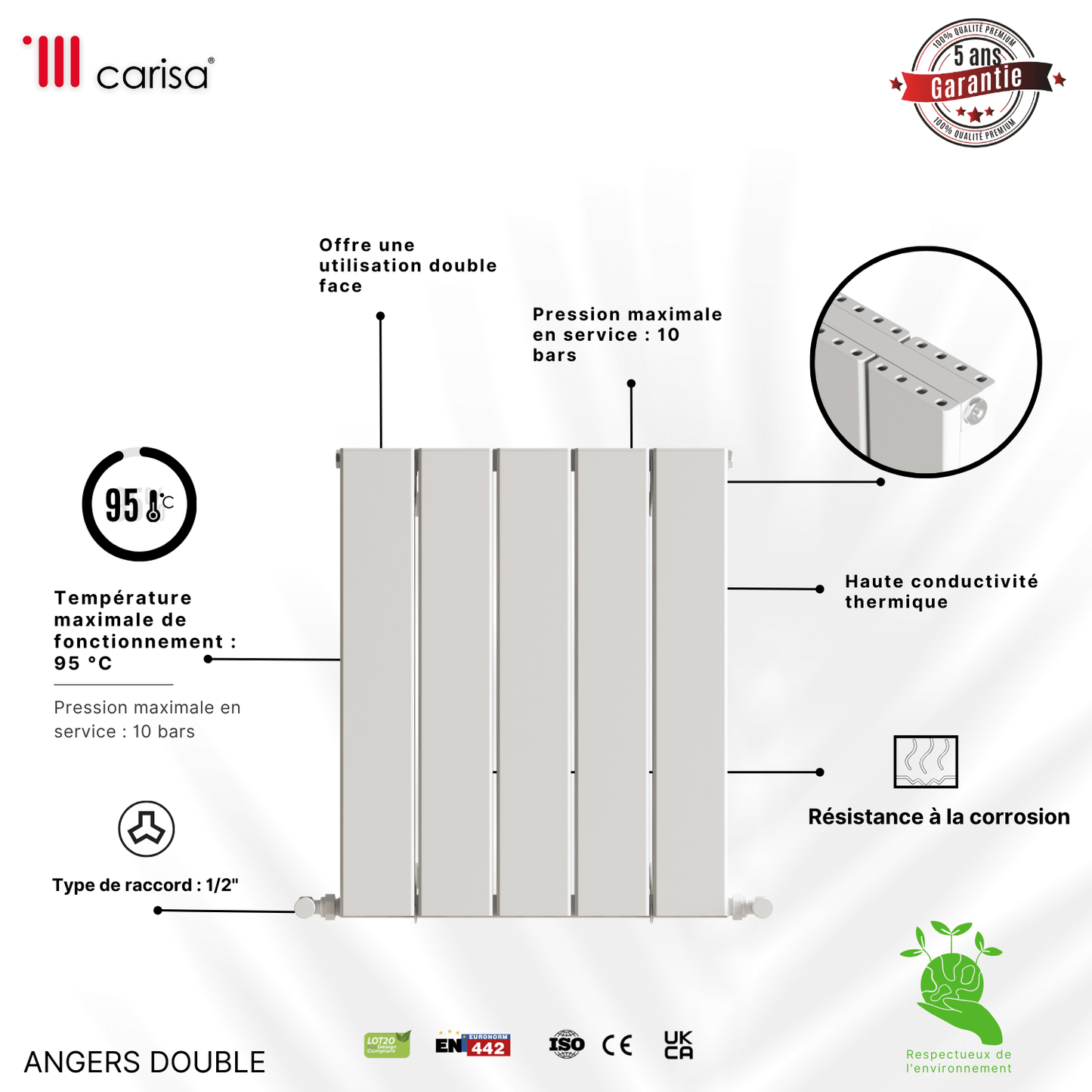Carisa Angers Radiateur en Aluminium Horizontal Design Moderne Blanc
