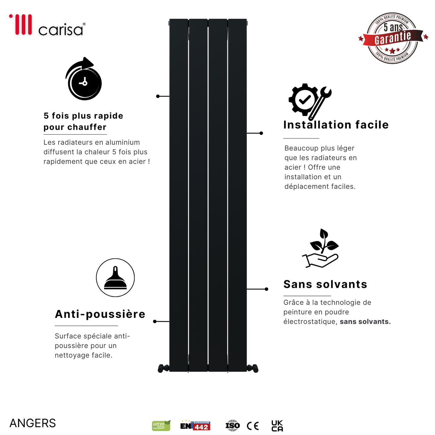 Carisa Angers Radiateur en Aluminium Vertical Design Moderne Gris Clair
