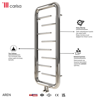 sèche-serviettes acier inoxydable miroir poli design moderne Carisa Aren, radiateur porte-serviettes inox finition miroir, installation facile