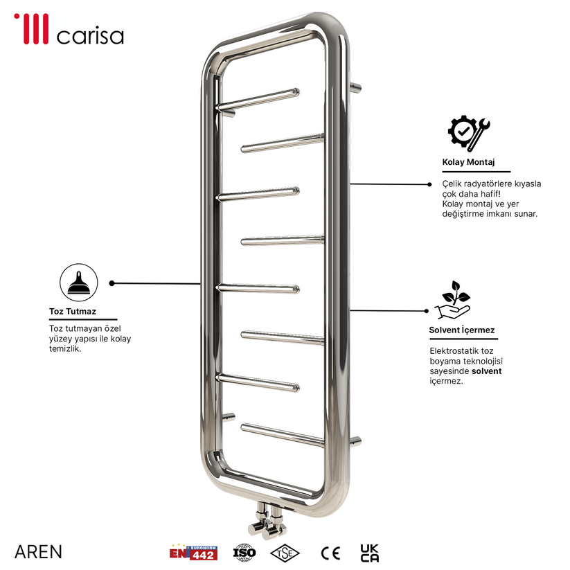 sèche-serviettes acier inoxydable miroir poli design moderne Carisa Aren, radiateur porte-serviettes inox finition miroir, installation facile