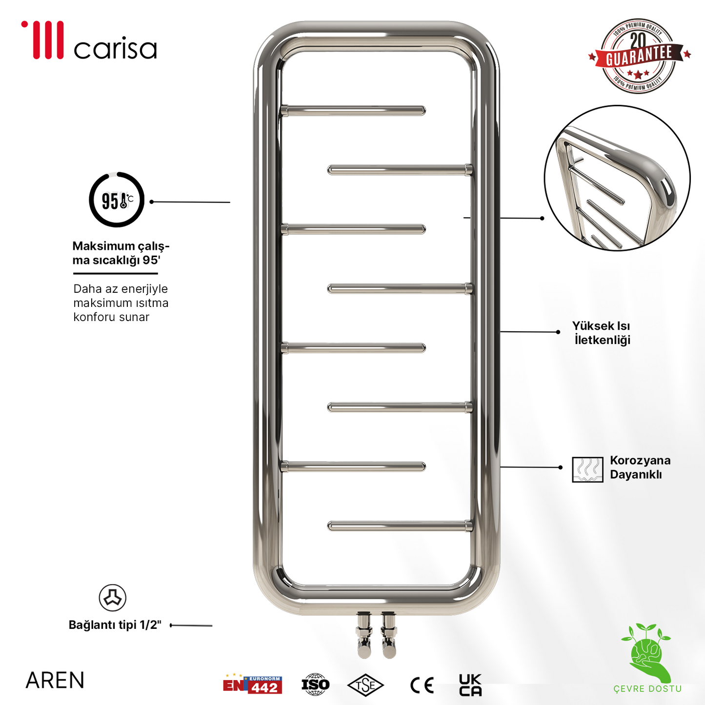 sèche-serviettes acier inoxydable miroir poli design moderne Carisa Aren, radiateur porte-serviettes mural, finition inox poli