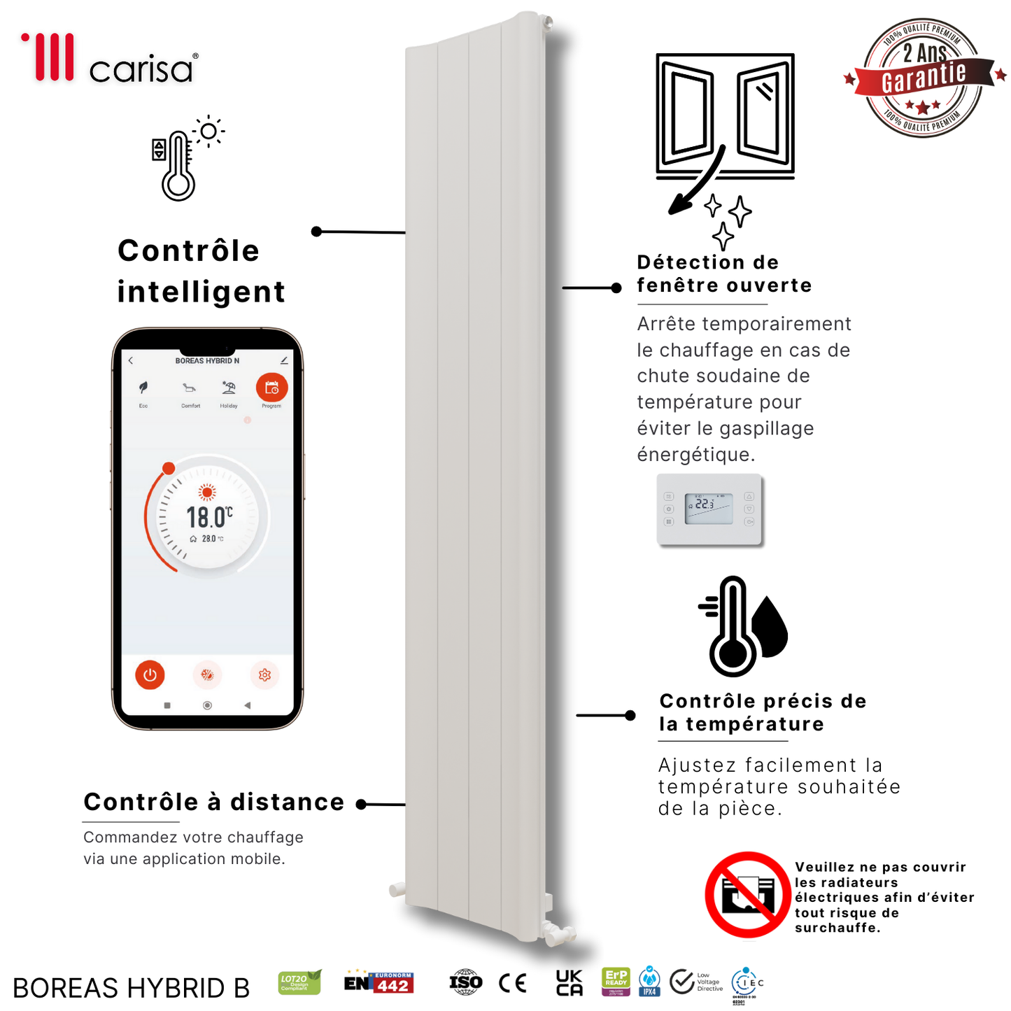 Carisa Boreas B Radiateur Électrique Vertical Design Moderne Blanc