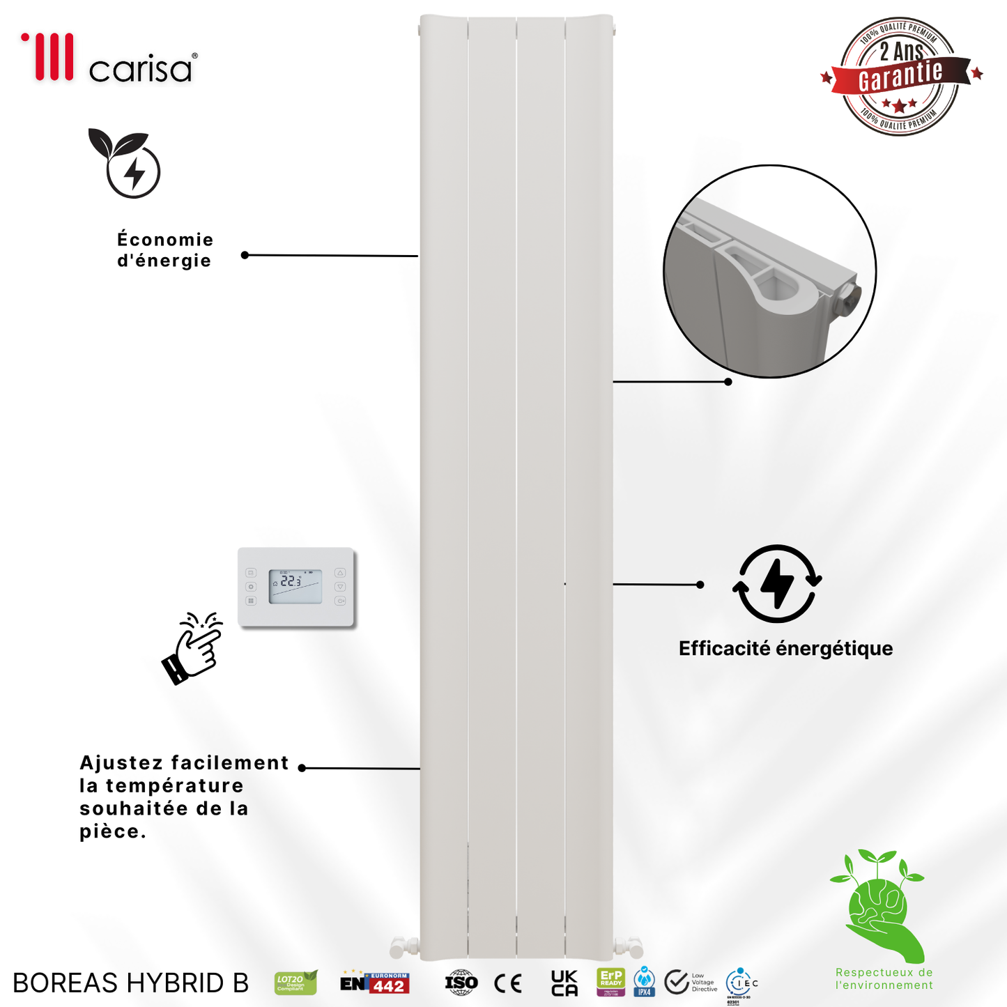 Carisa Boreas B Radiateur Électrique Vertical Design Moderne Blanc
