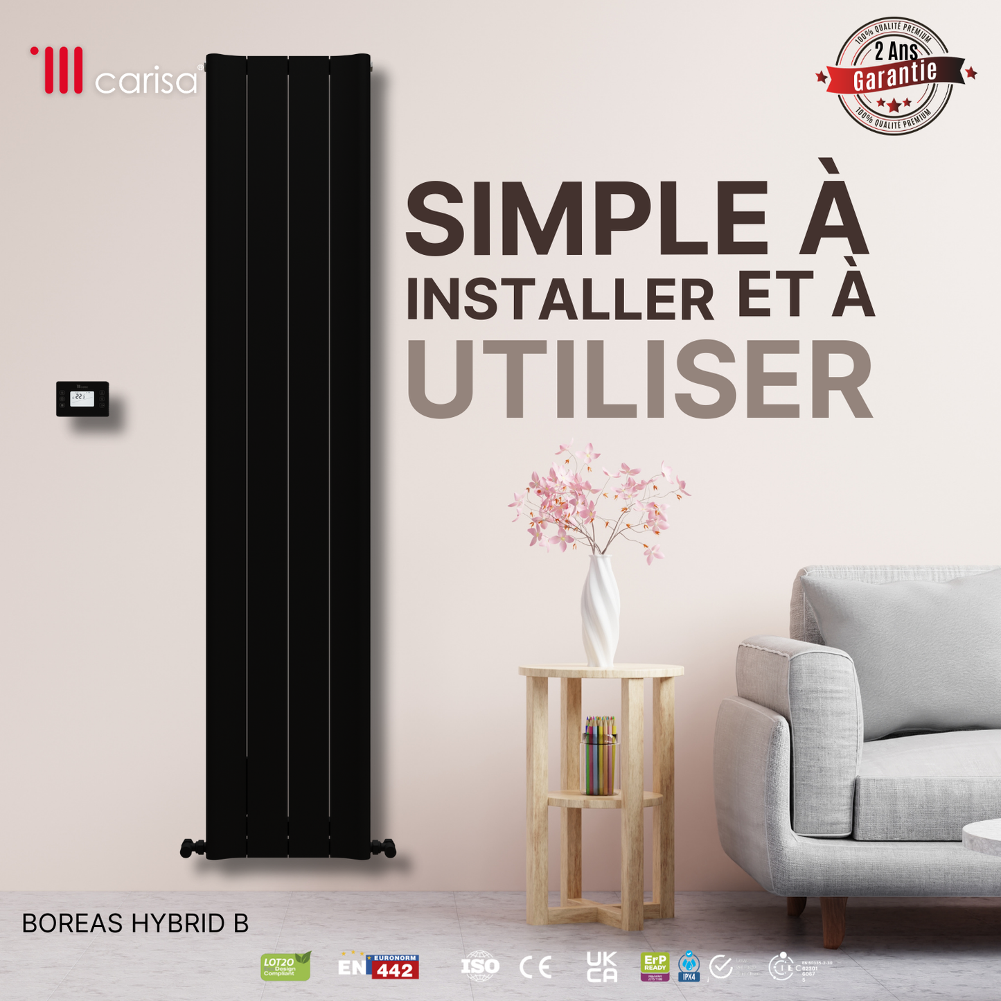 Carisa Boreas B Radiateur Électrique Vertical Design Moderne Noir