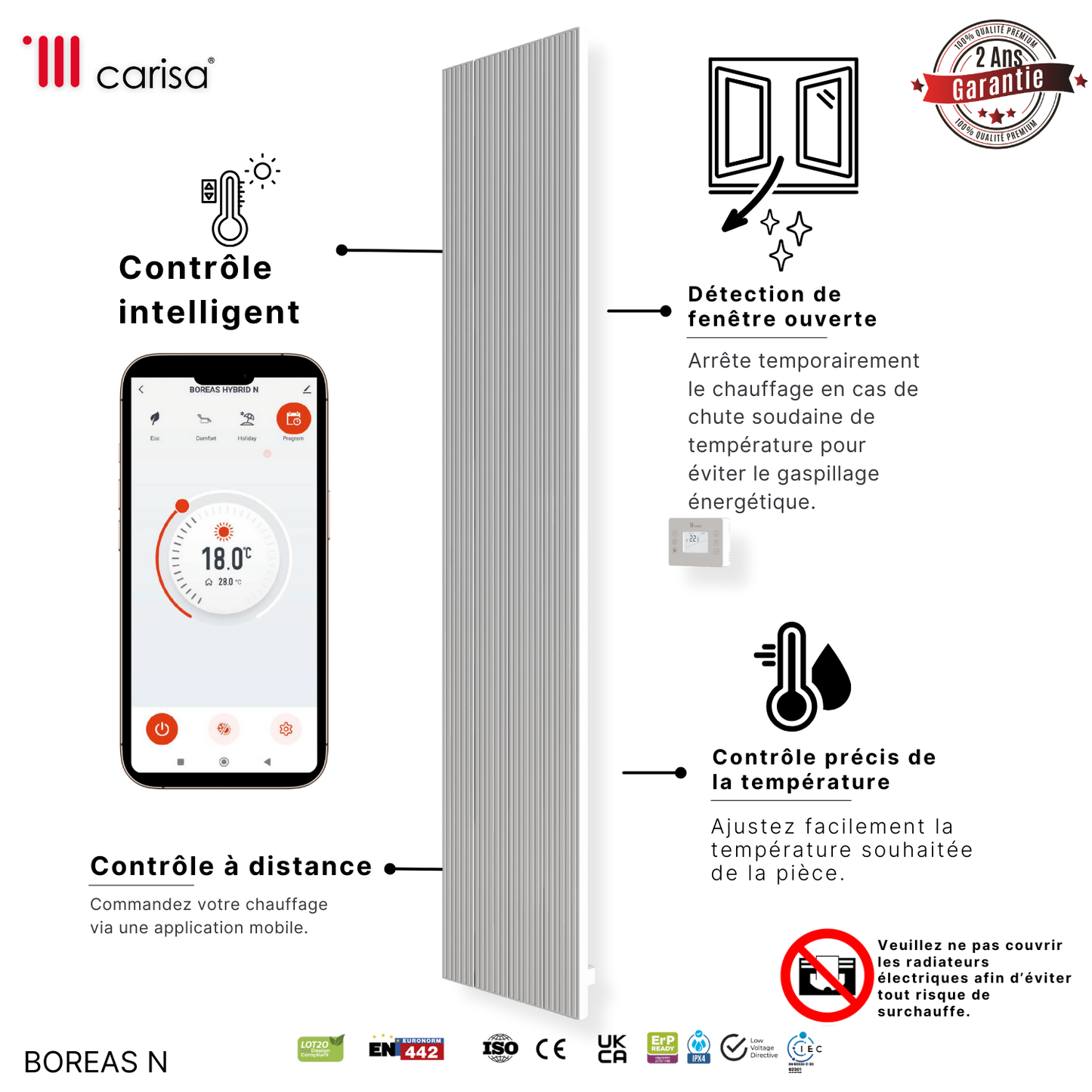 Carisa Boreas M Radiateur Électrique Vertical Design Moderne Blanc