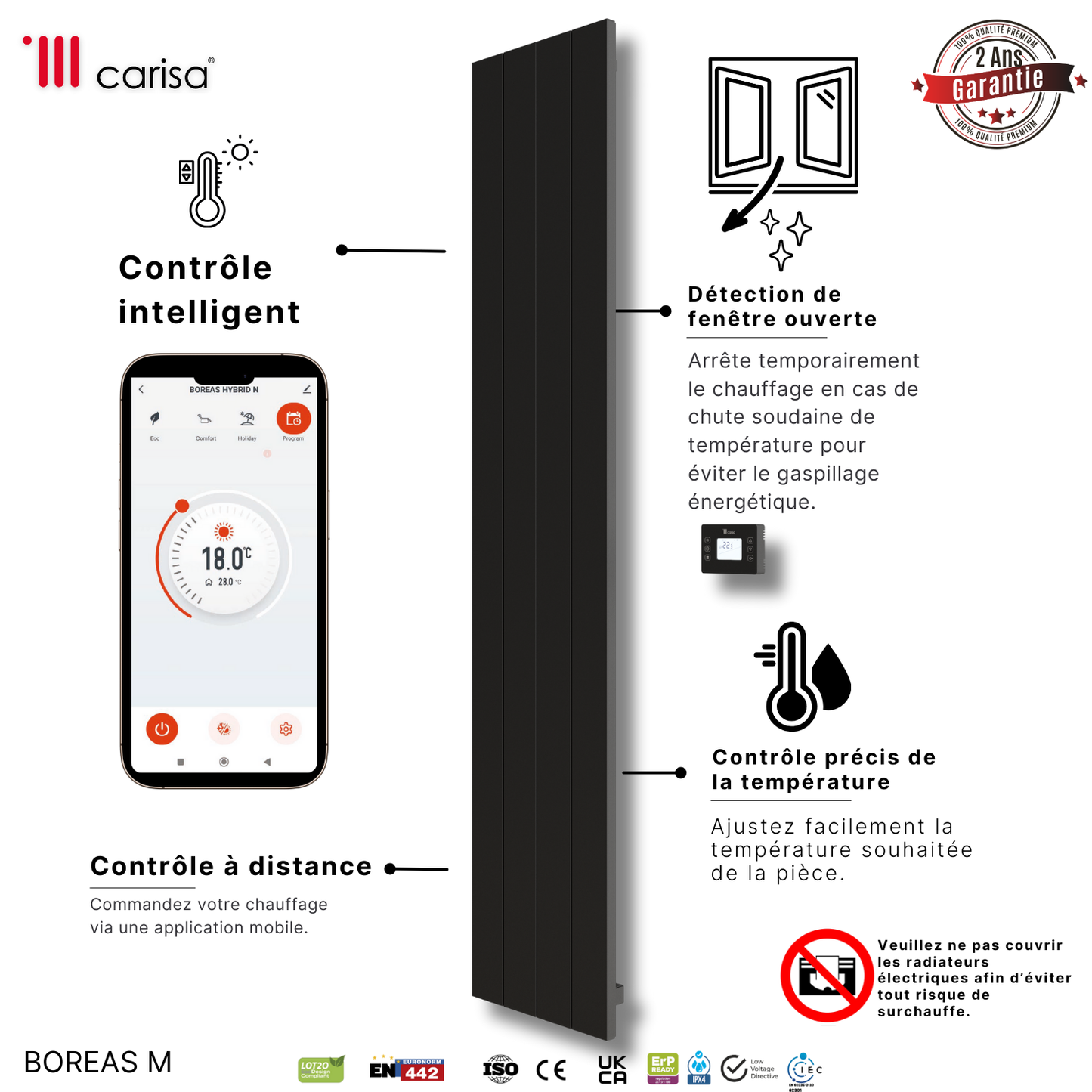 Carisa Boreas M Radiateur Électrique Vertical Design Moderne Noir