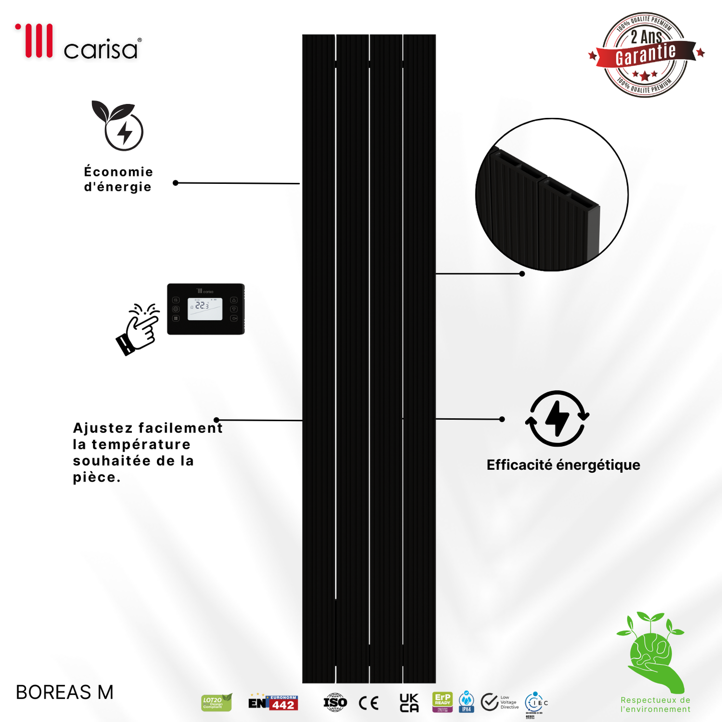 Carisa Boreas M Radiateur Électrique Vertical Design Moderne Noir
