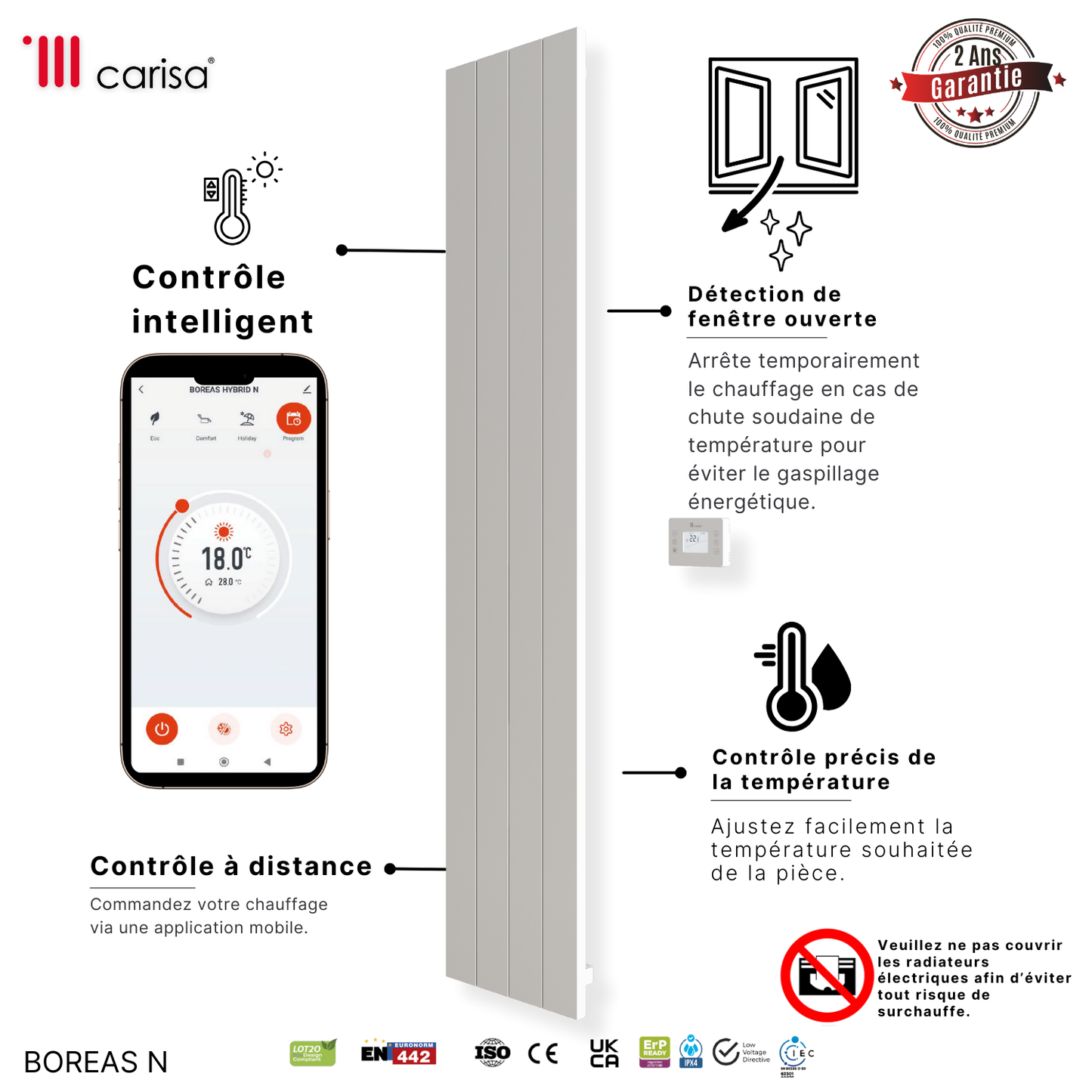 Carisa Boreas N Radiateur Électrique Vertical Design Moderne Blanc