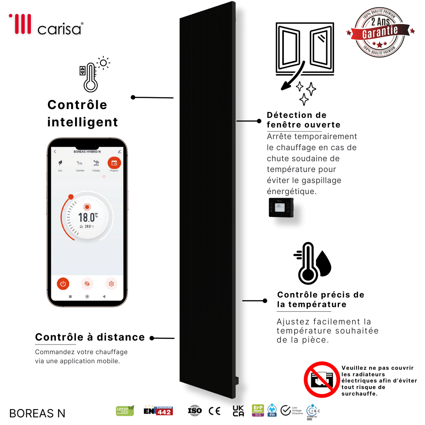 Carisa Boreas N Radiateur Électrique Vertical Design Moderne Noir