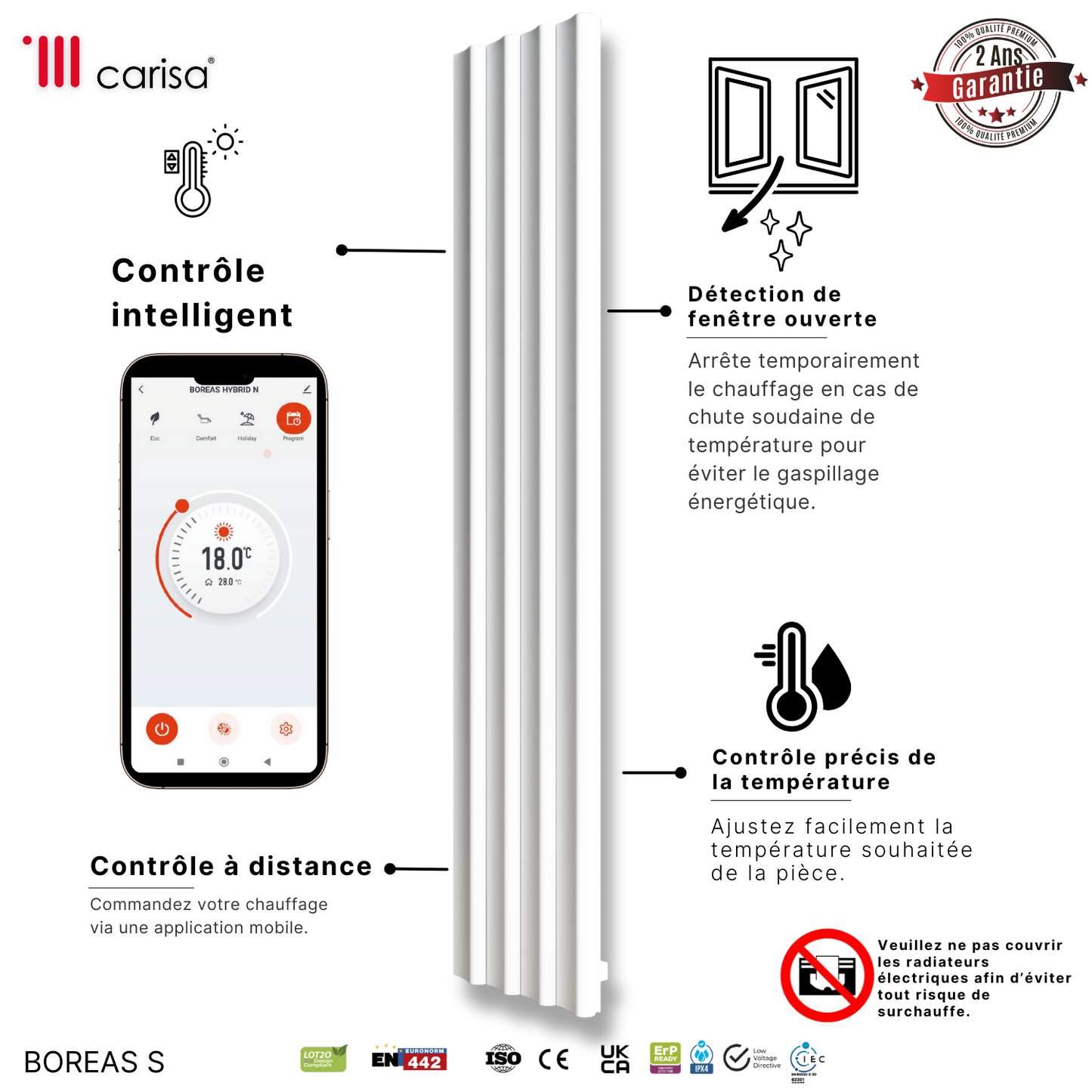 Carisa Boreas S Radiateur Électrique Vertical Design Moderne Blanc
