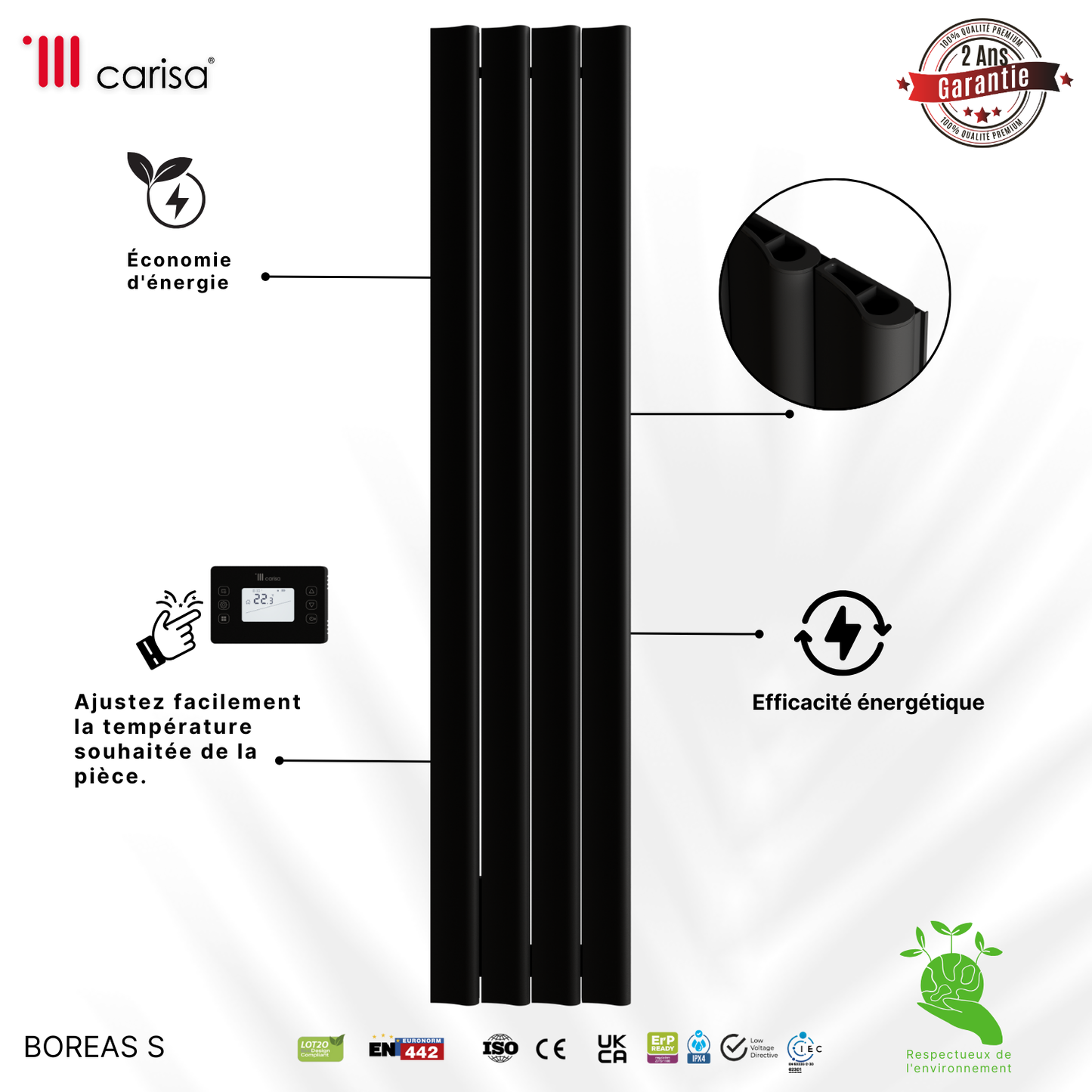Carisa Boreas S Radiateur Électrique Vertical Design Moderne Noir
