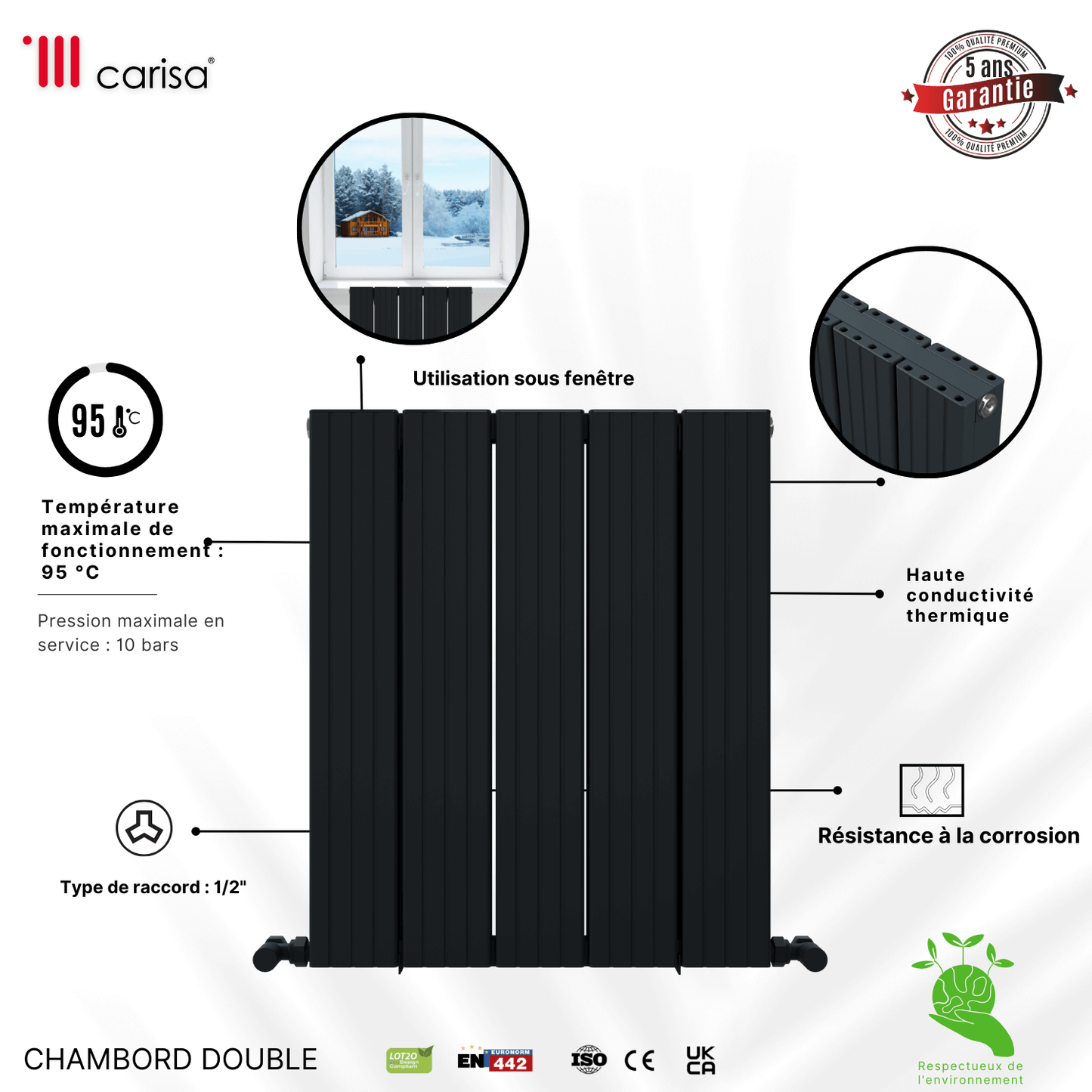 radiateur aluminium horizontal design anthracite Carisa Chambord double anthracite, pose sous fenêtre, 95°C, pression 10 bars, garantie 5 ans