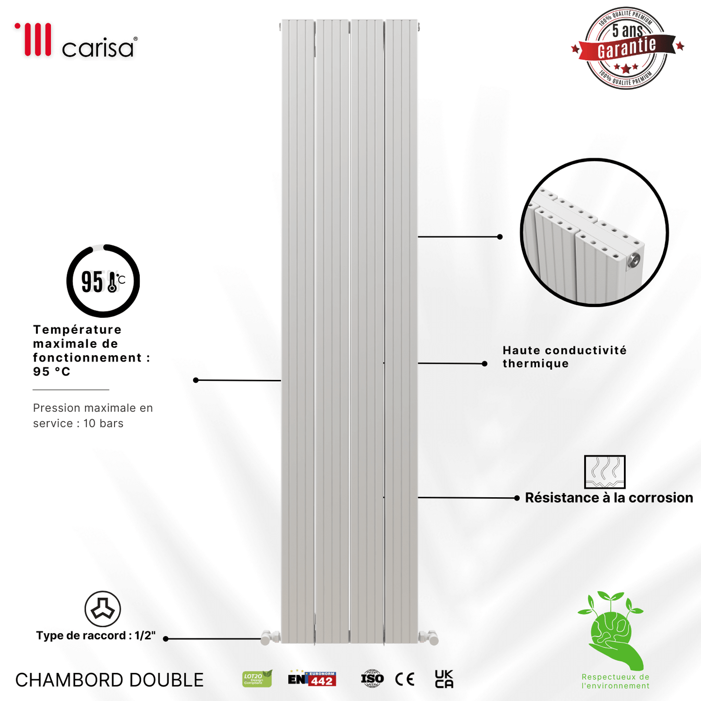 Carisa Chambord Radiateur en Aluminium Vertical Design Moderne Blanc