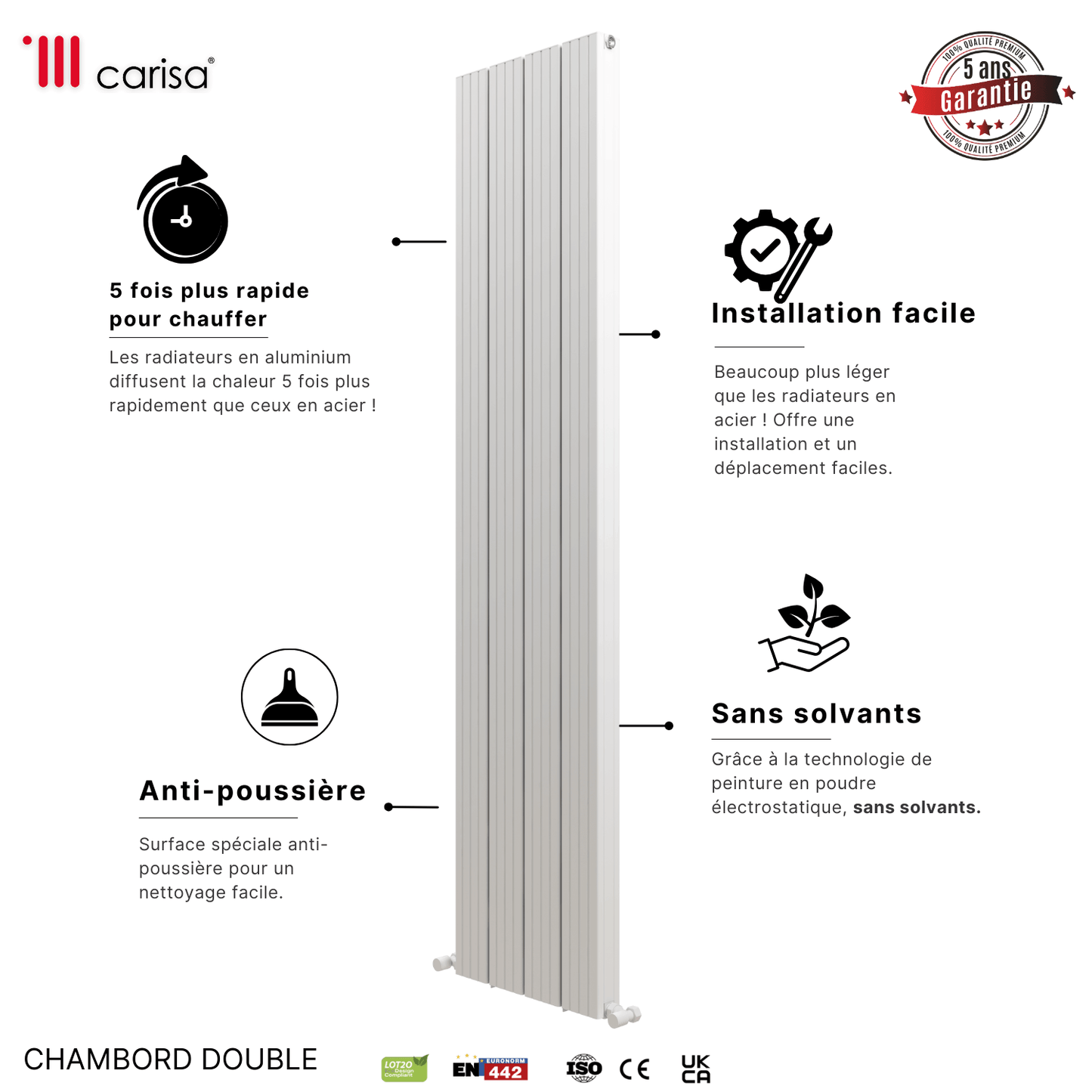 Carisa Chambord Radiateur en Aluminium Vertical Design Moderne Blanc