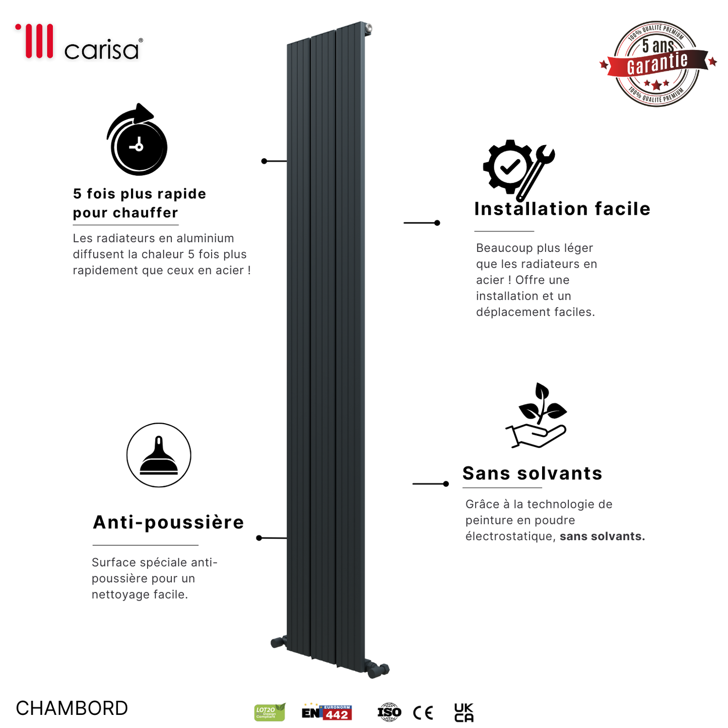 Carisa Chambord Radiateur en Aluminium Vertical Design Moderne Noir