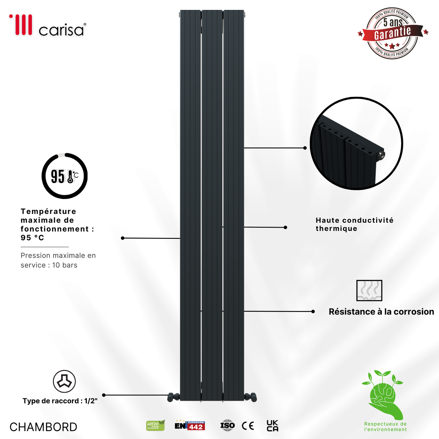 Carisa Chambord Radiateur en Aluminium Vertical Design Moderne Noir