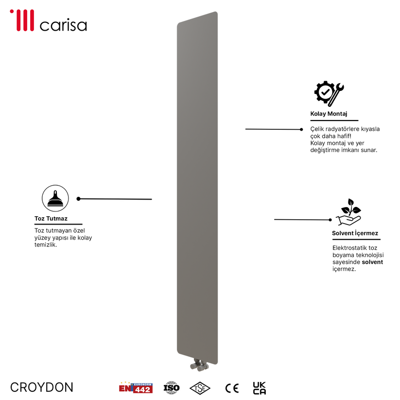 Alt Tag: sèche serviette design moderne radiateur aluminium Carisa Croydon radiateur vertical acier gris clair design mince, facile à installer