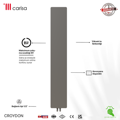 Alt Tag: sèche serviette design moderne radiateur aluminium Carisa Croydon radiateur vertical en acier gris clair, design mince moderne