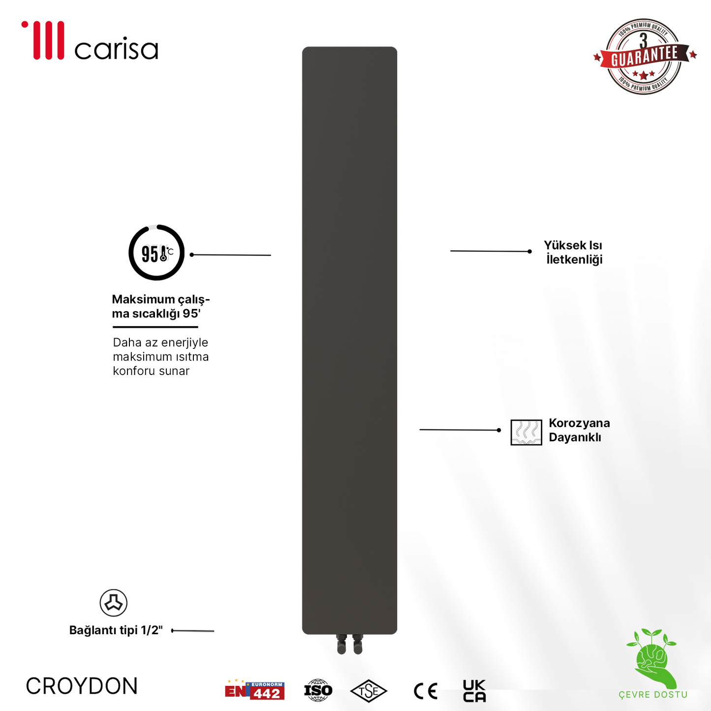 Carisa Croydon Radiateur Design Mince en Acier Vertical Design Moderne Noir