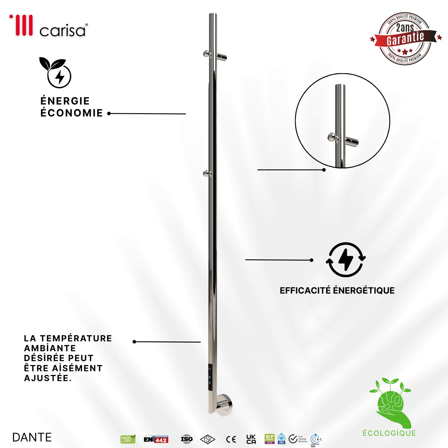 sèche-serviettes Carisa Dante électrique en acier inox finition satinée polie, design vertical, efficacité énergétique, 2 ans garantie