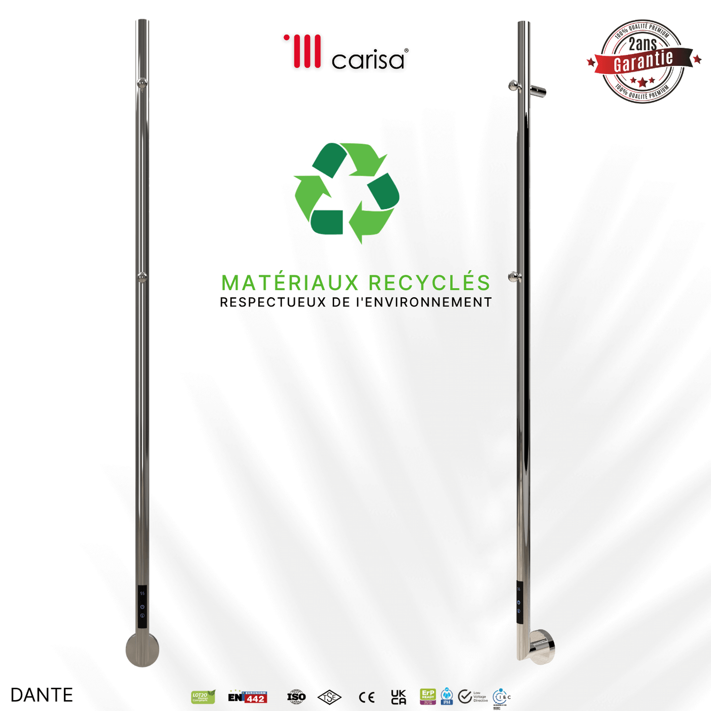 sèche-serviettes Carisa Dante électrique en acier inox finition satinée polie, matériaux recyclés, garantie 2 ans