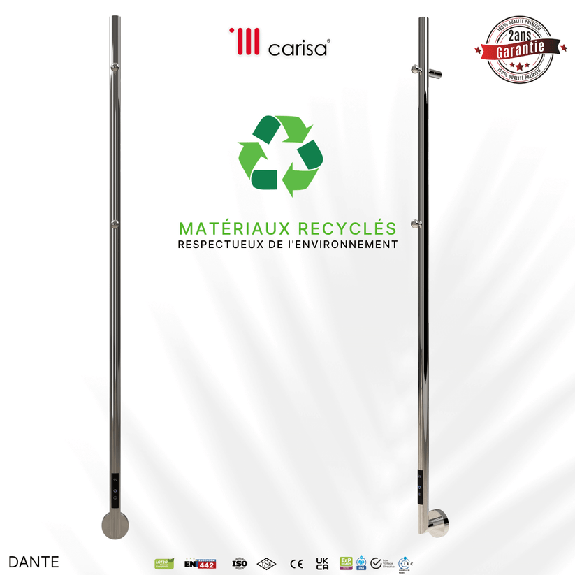 sèche-serviettes Carisa Dante électrique en acier inox finition satinée polie, matériaux recyclés, garantie 2 ans