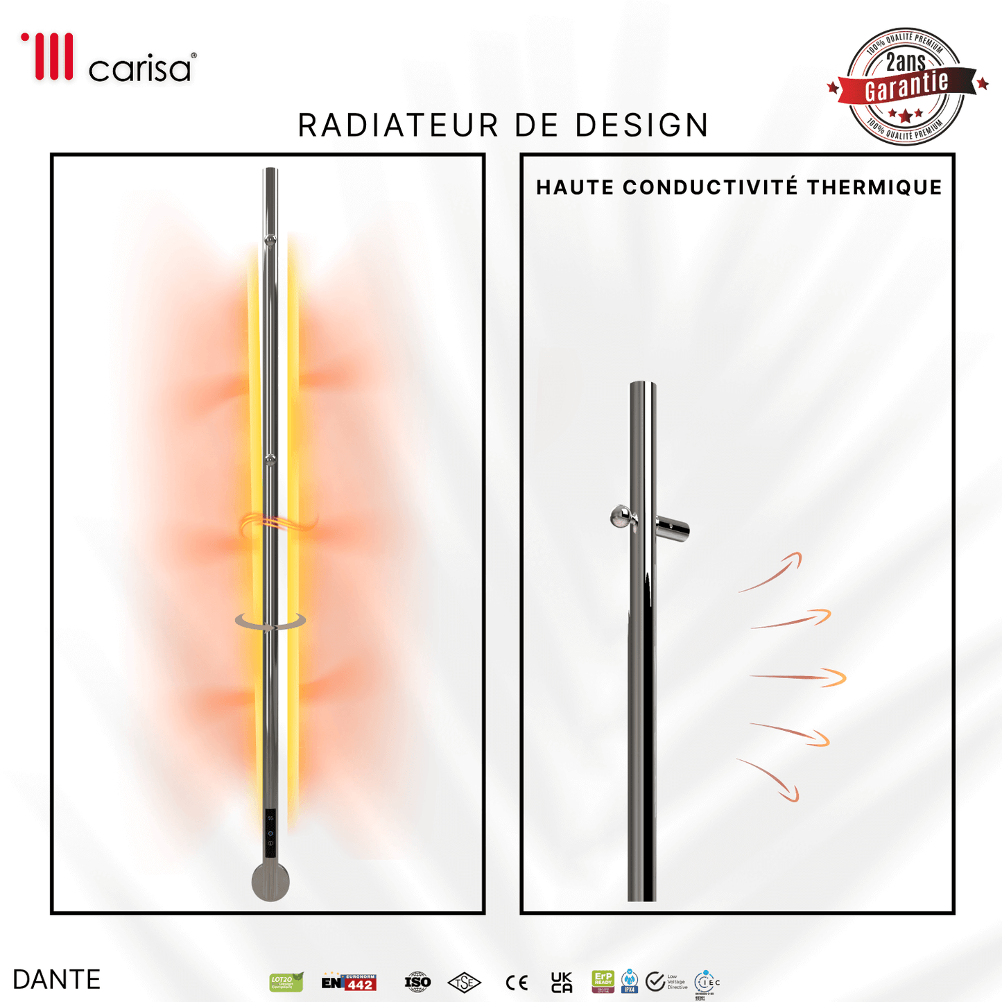 Alt Tag: sèche-serviettes Carisa Dante en acier inox finition satinée polie, radiateur design à haute conductivité thermique